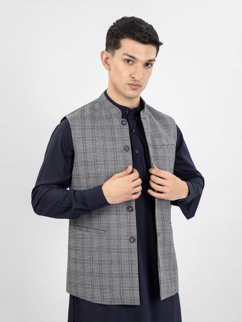 Grey & Black Micro Checkered Wool Waistcoat