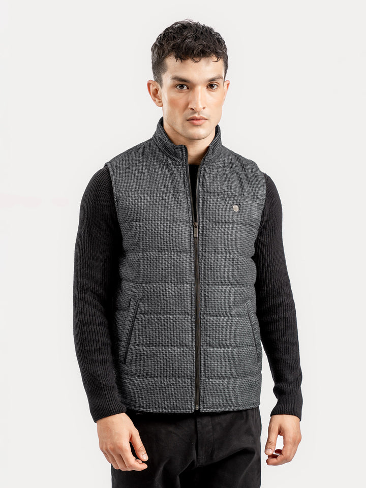 Grey & Black Patterned Wool Structured Sleeveless Zipper Jacket