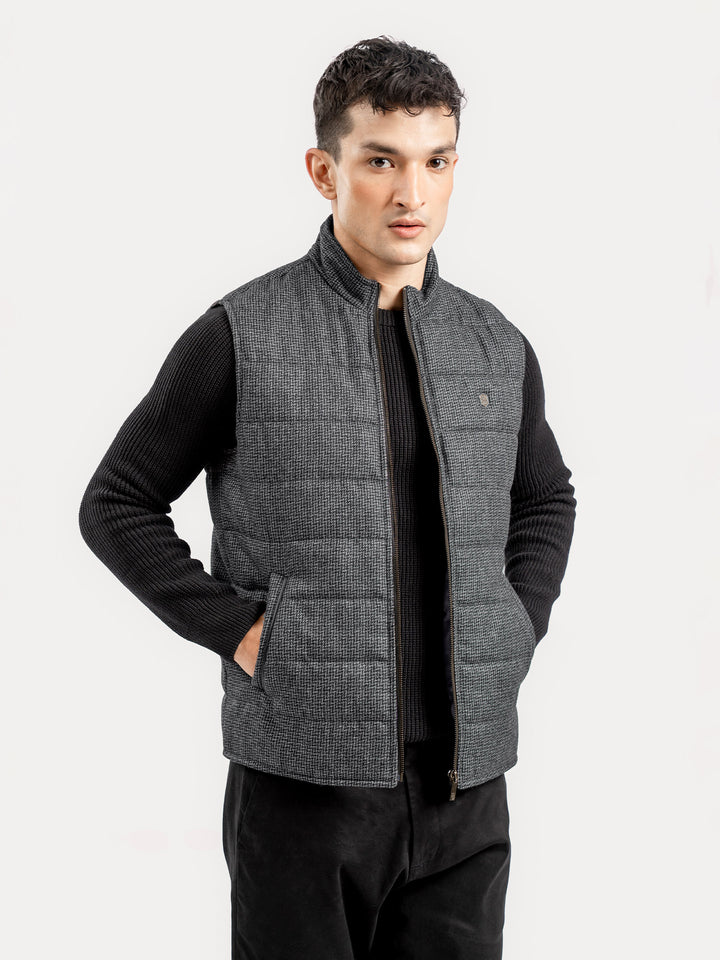 Grey & Black Patterned Wool Structured Sleeveless Zipper Jacket