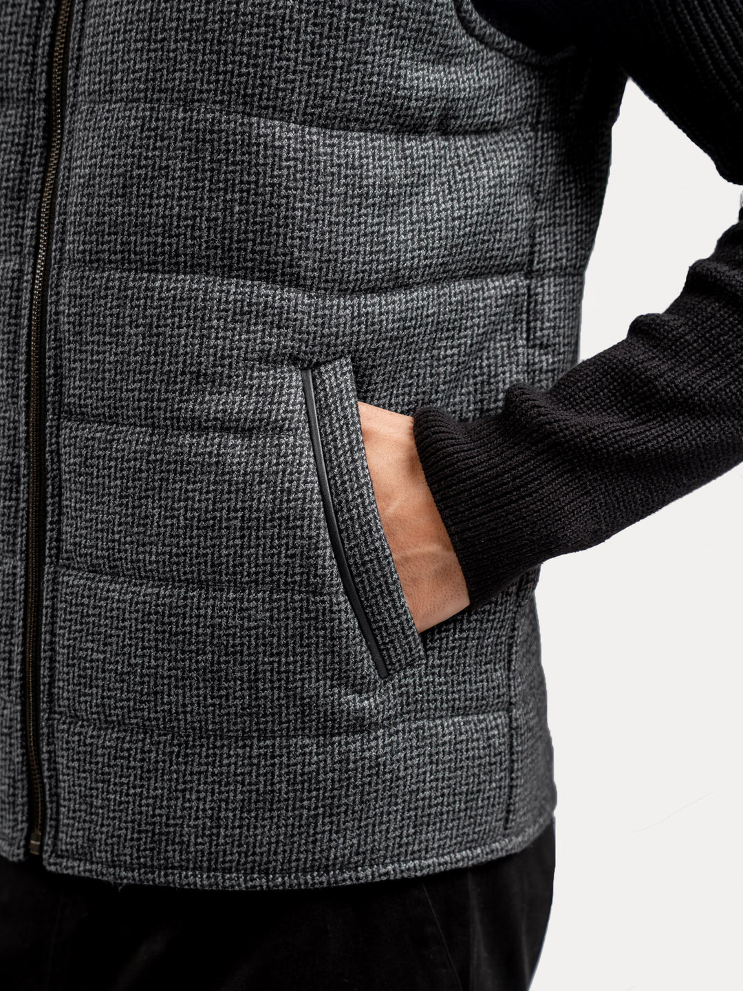 Grey & Black Patterned Wool Structured Sleeveless Zipper Jacket