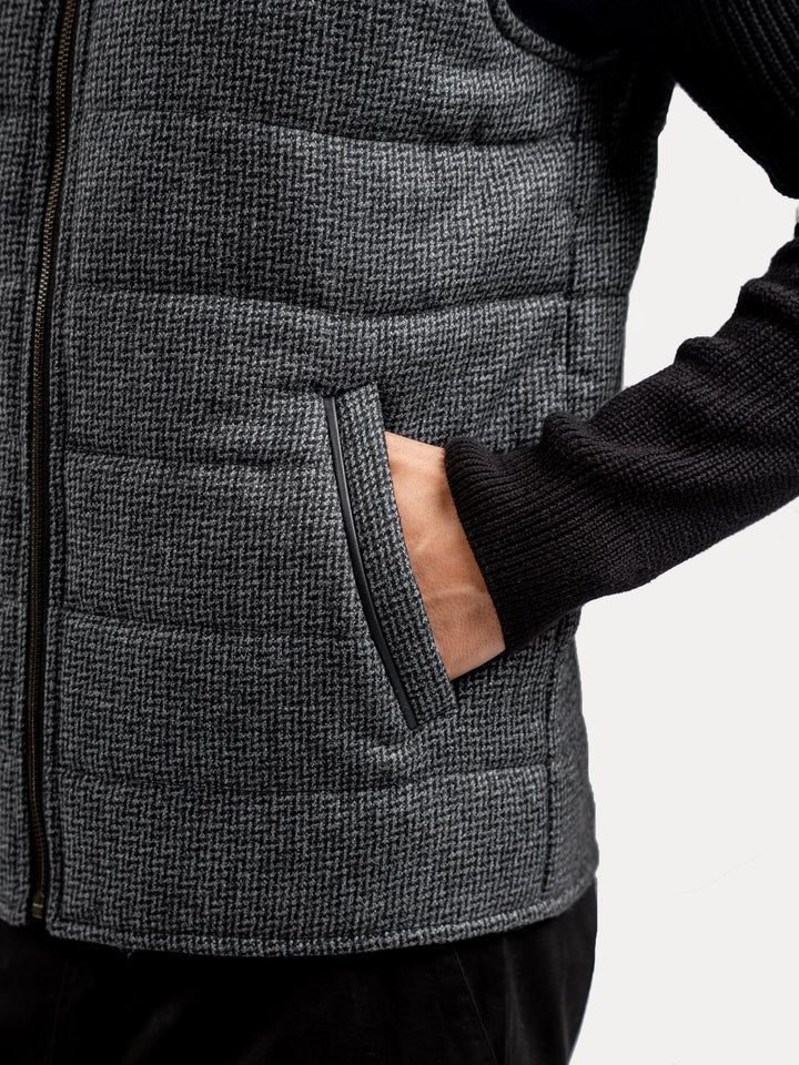Grey & Black Patterned Wool Structured Sleeveless Zipper Jacket