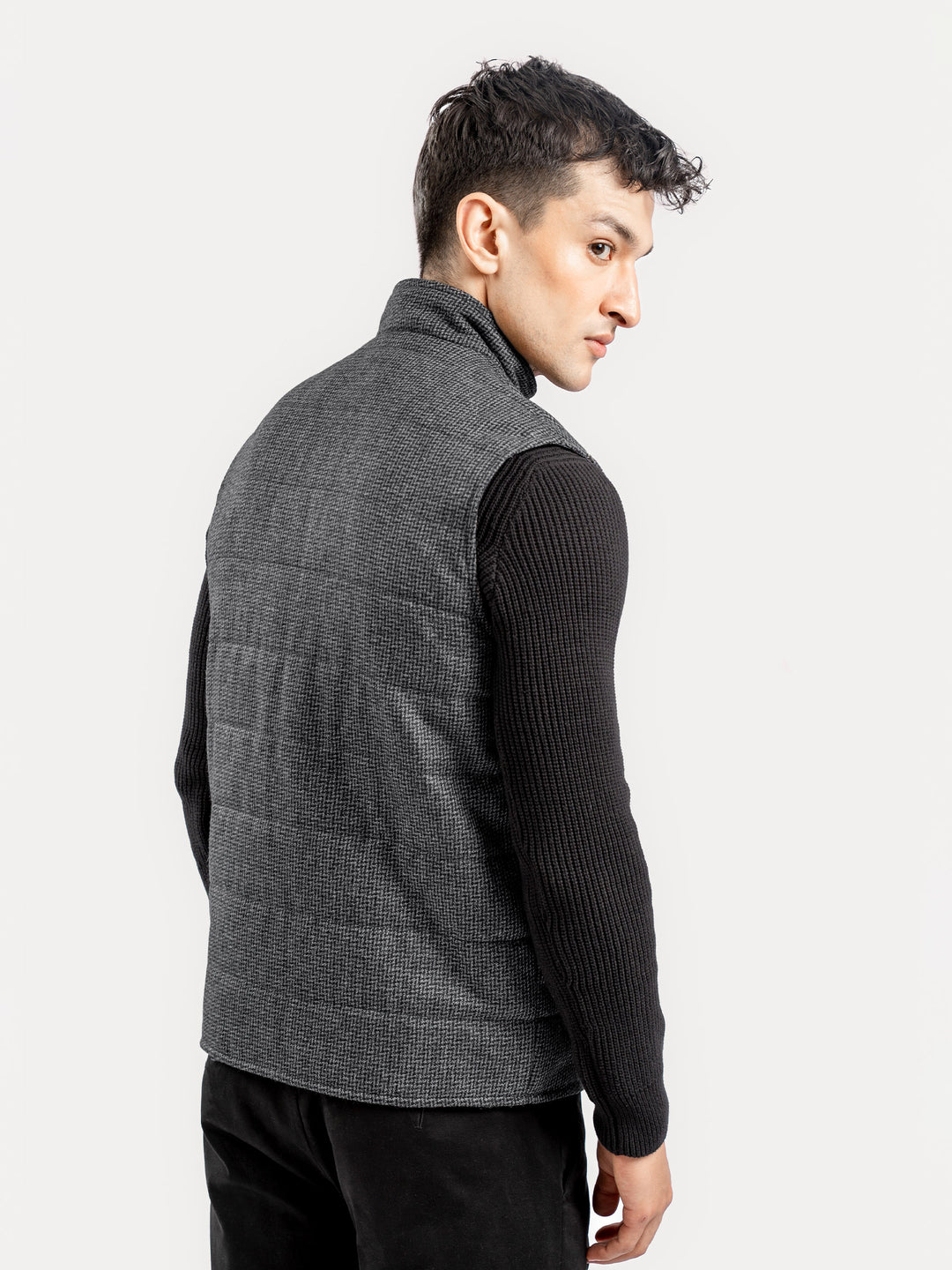 Grey & Black Patterned Wool Structured Sleeveless Zipper Jacket