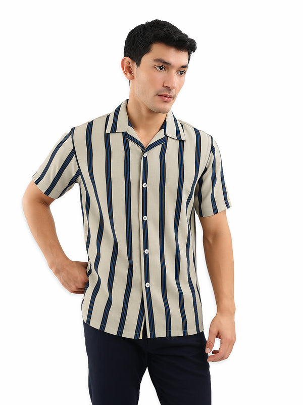Grey & Blue Striped Cuban Collar Shirt