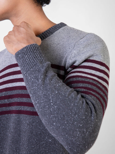 Grey & Burgundy Contrasting Striped Crew Neck Jumper