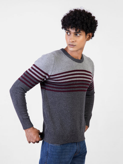 Grey & Burgundy Contrasting Striped Crew Neck Jumper