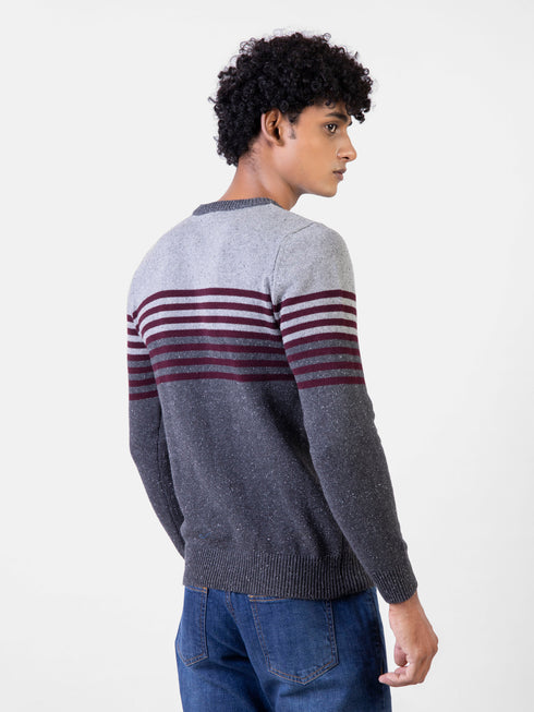 Grey & Burgundy Contrasting Striped Crew Neck Jumper