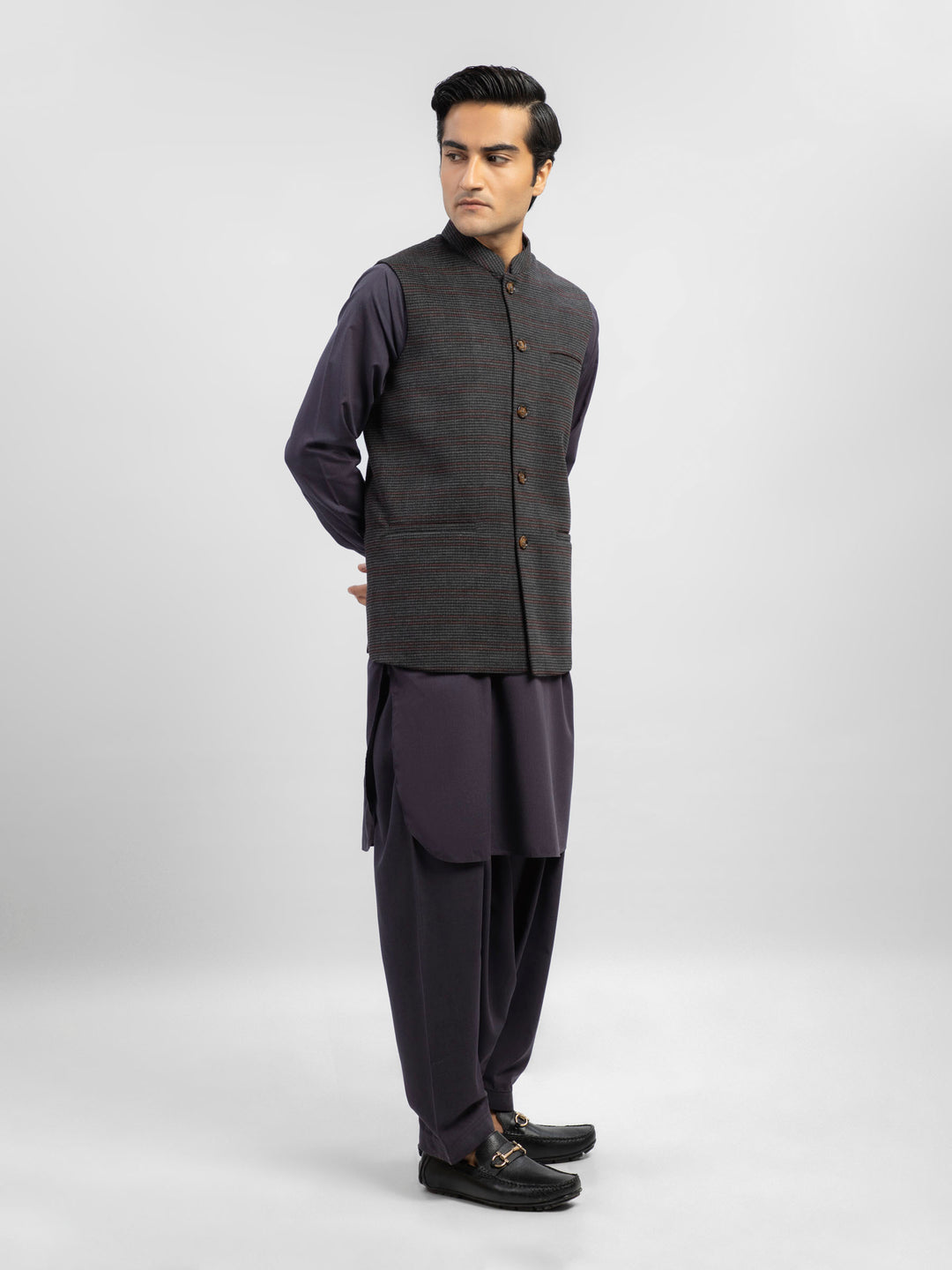 Grey & Maroon Checkered Wool Blended Waistcoat Brumnao Pakistan