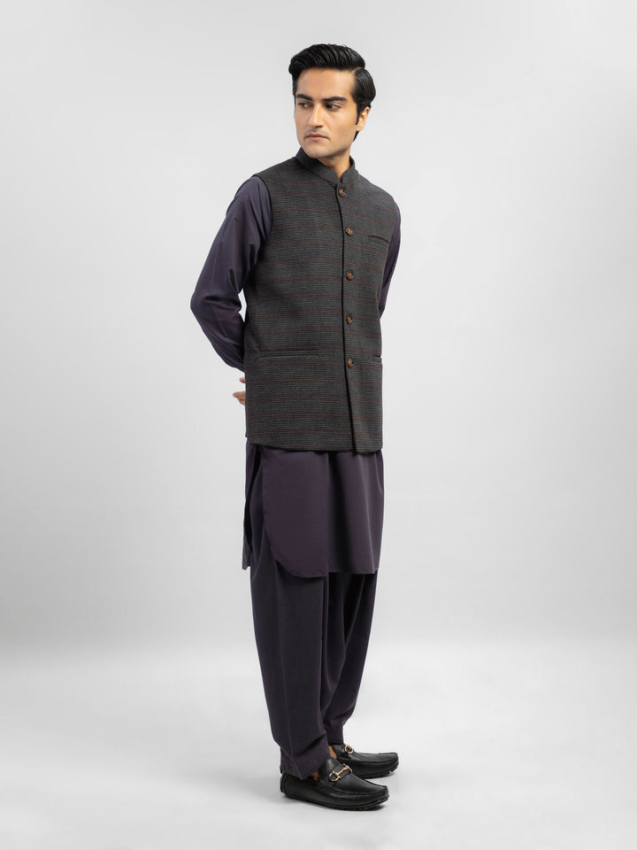Grey & Maroon Checkered Wool Blended Waistcoat Brumnao Pakistan