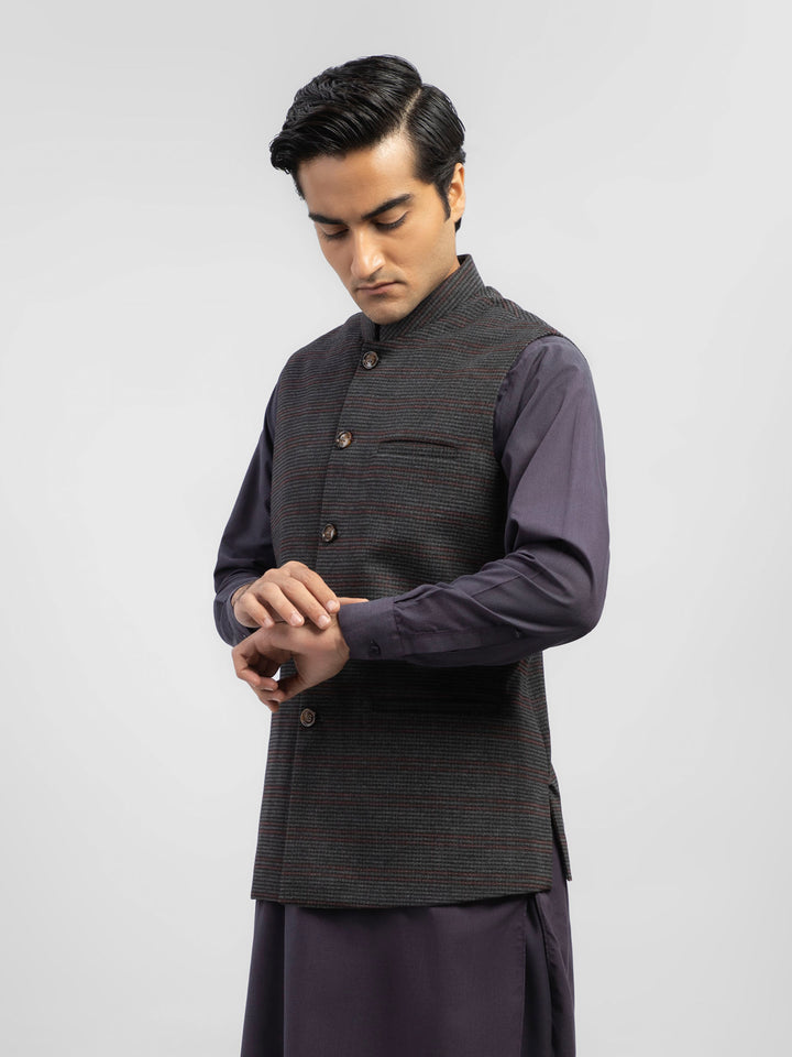 Grey & Maroon Checkered Wool Blended Waistcoat Brumnao Pakistan