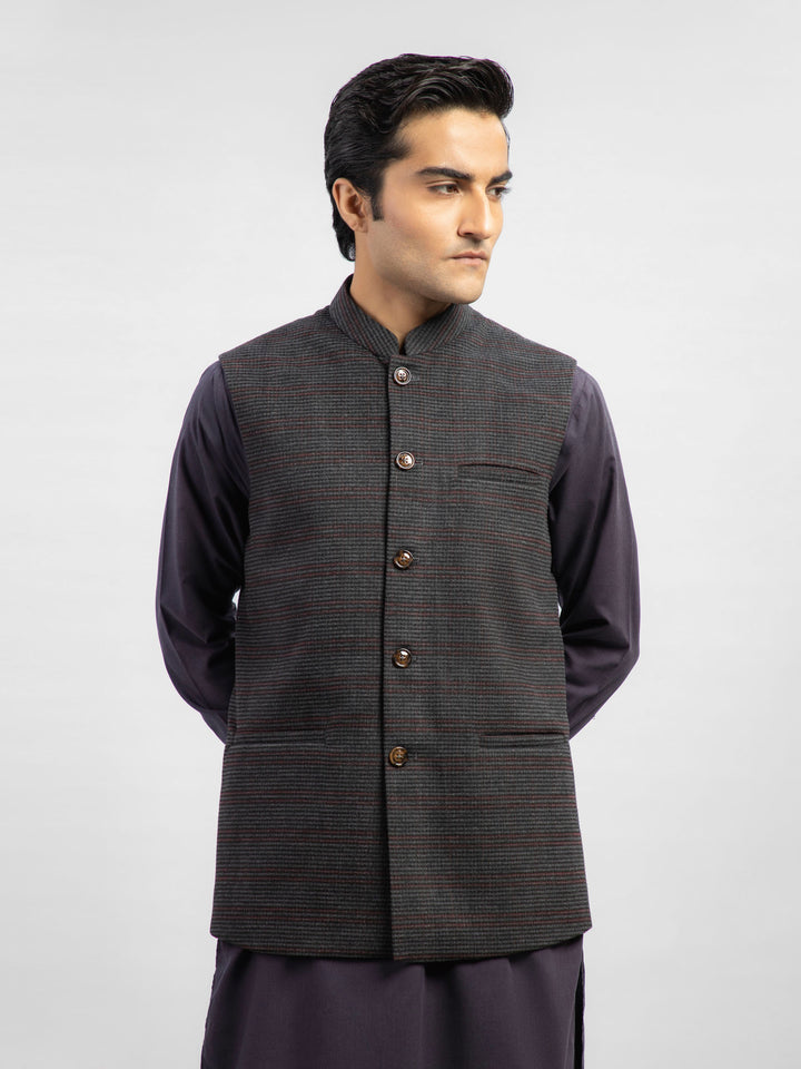 Grey & Maroon Checkered Wool Blended Waistcoat Brumnao Pakistan