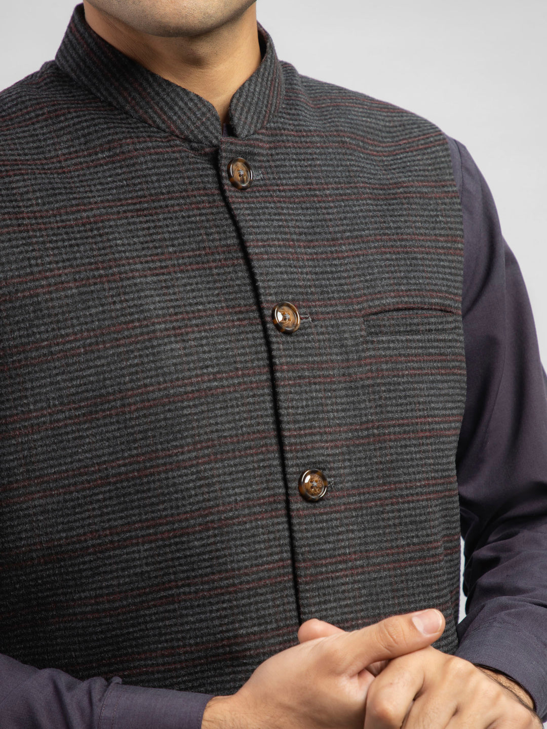 Grey & Maroon Checkered Wool Blended Waistcoat Brumnao Pakistan