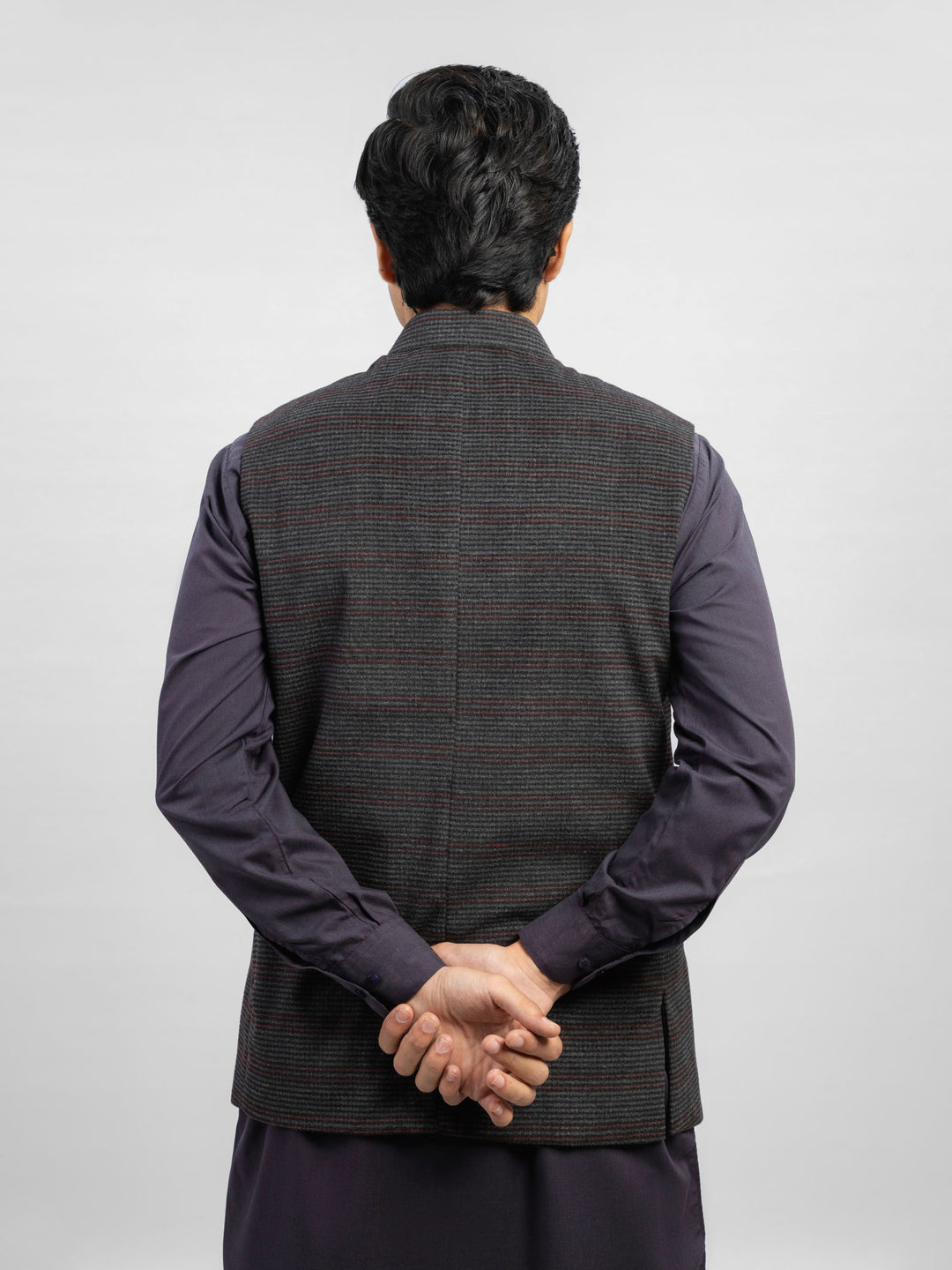 Grey & Maroon Checkered Wool Blended Waistcoat Brumnao Pakistan