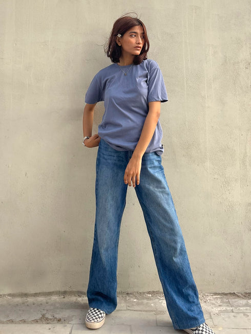 Greyish Blue 100% Cotton Basic Tee - Women