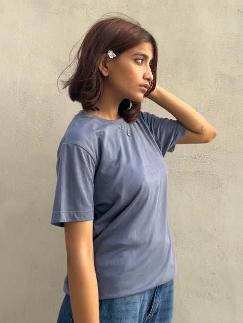 Greyish Blue 100% Cotton Basic Tee - Women