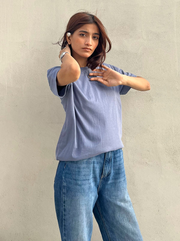 Greyish Blue 100% Cotton Basic Tee - Women