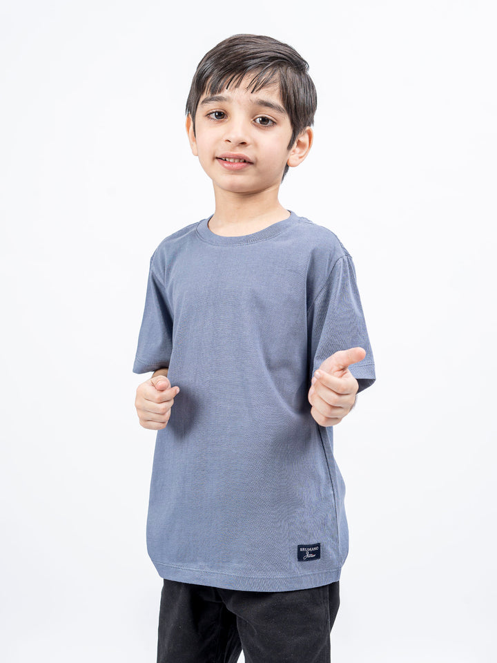 Greyish Blue 100% Cotton Casual Tee With Detailing