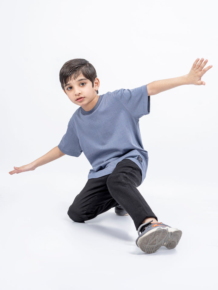 Greyish Blue 100% Cotton Casual Tee With Detailing