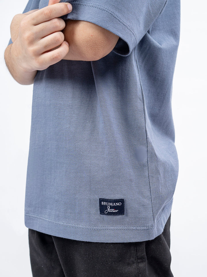 Greyish Blue 100% Cotton Casual Tee With Detailing