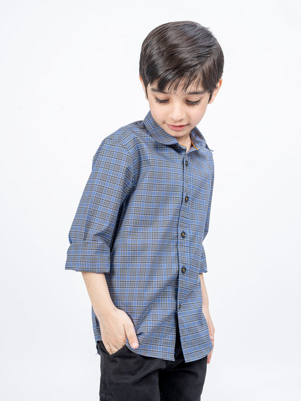 Greyish Blue Tartain Plaid Checkered Shirt