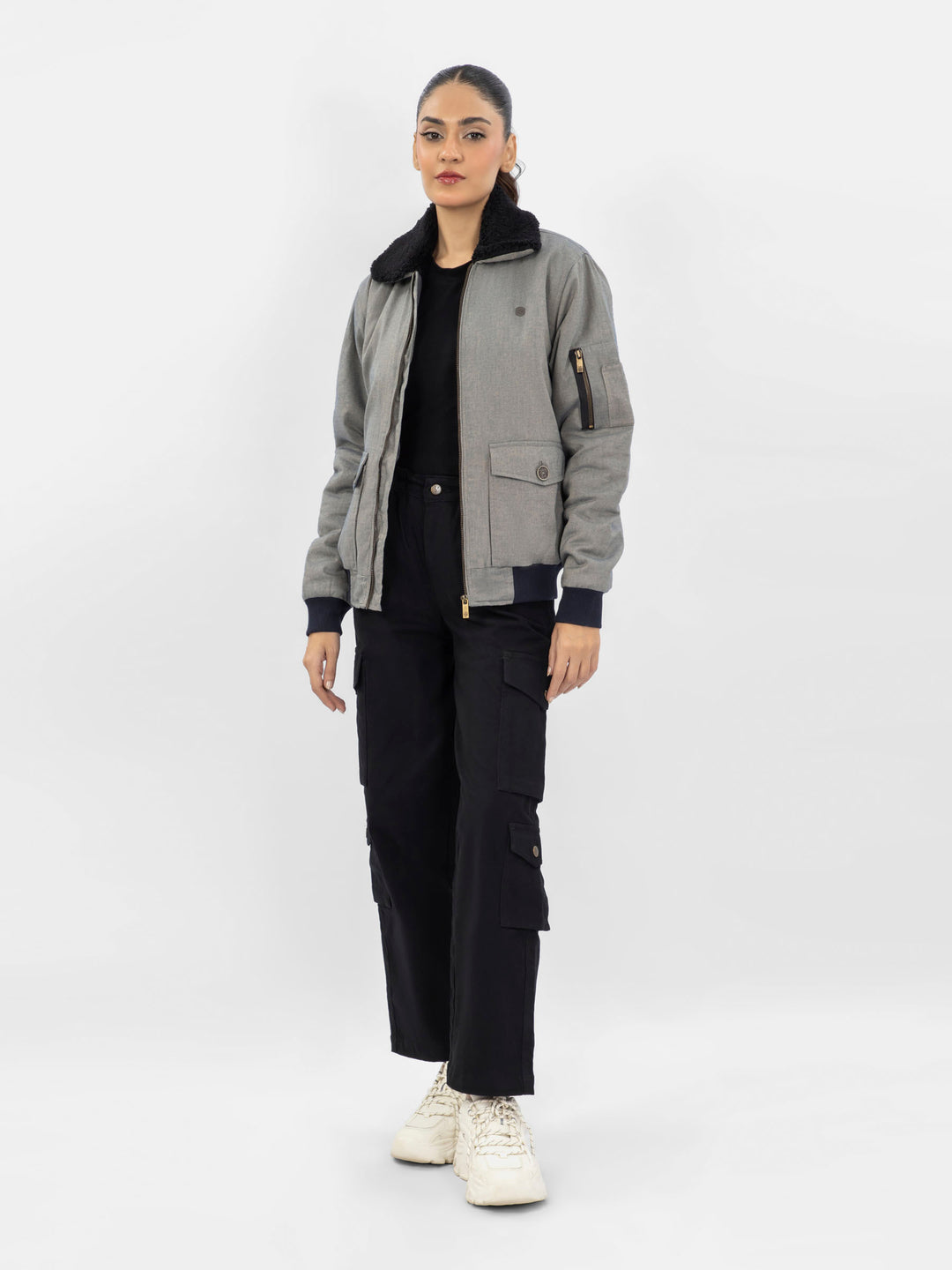 Greyish Blue Twill Sherpa Collar Aviator Jacket - Women