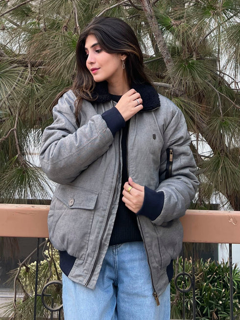 Greyish Blue Twill Sherpa Collar Aviator Jacket - Women