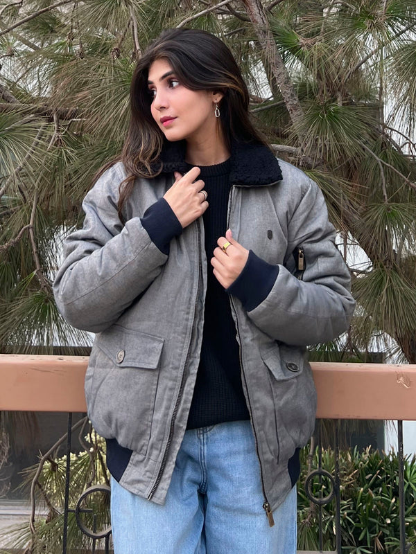 Greyish Blue Twill Sherpa Collar Aviator Jacket - Women