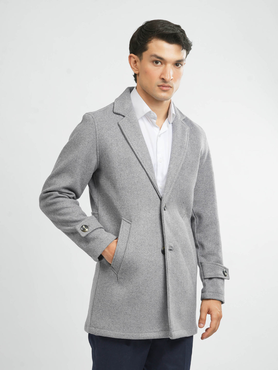 Men's heather grey wool blended overcoat front view