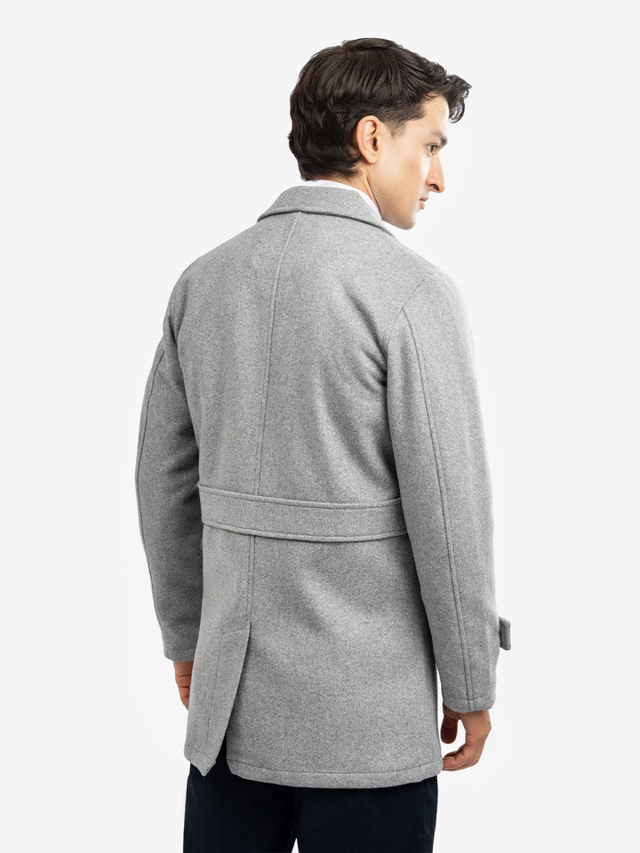 Back view of heather grey overcoat for men
