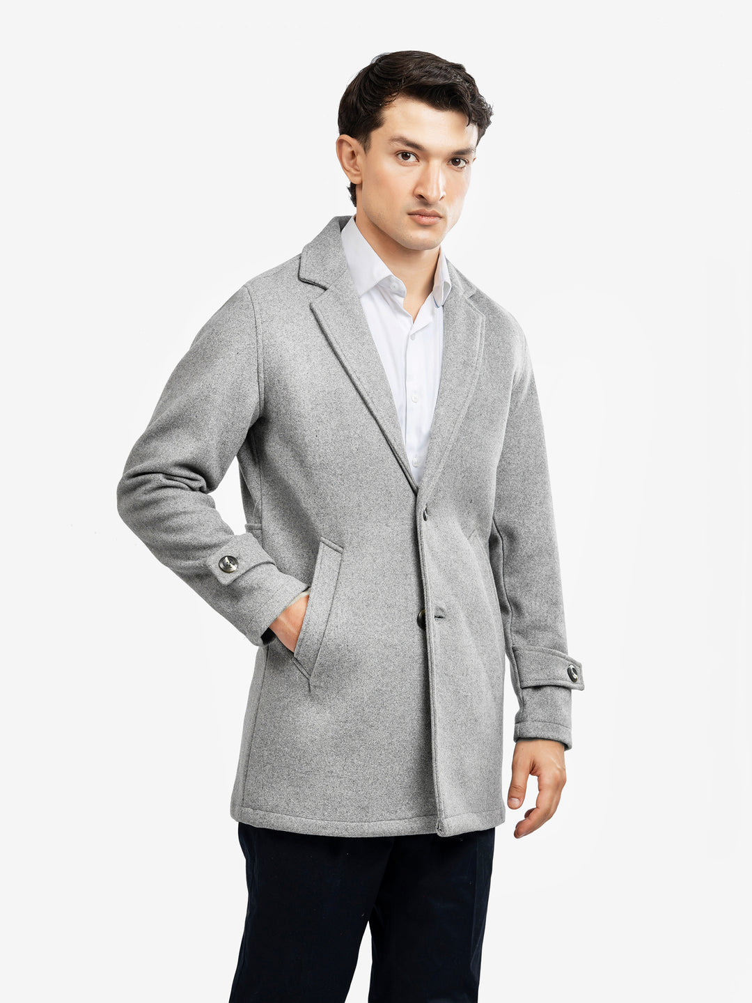 Men's heather grey wool blend overcoat front view