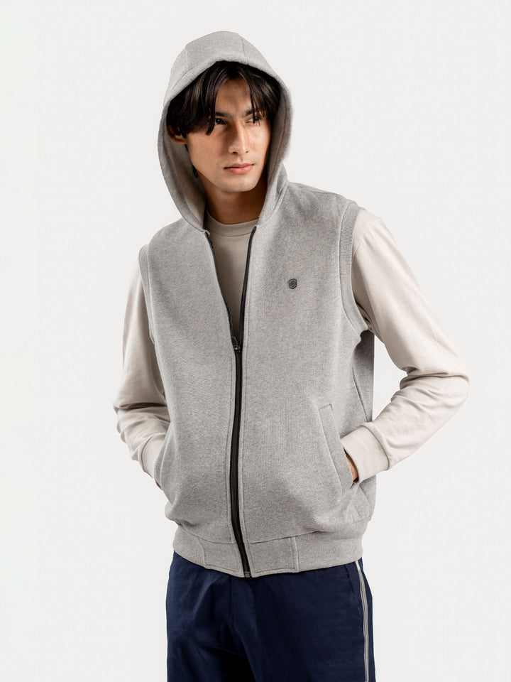 Heather Grey Sleeveless Zipper Jacket With Hoodie