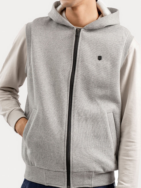 Heather Grey Sleeveless Zipper Jacket With Hoodie