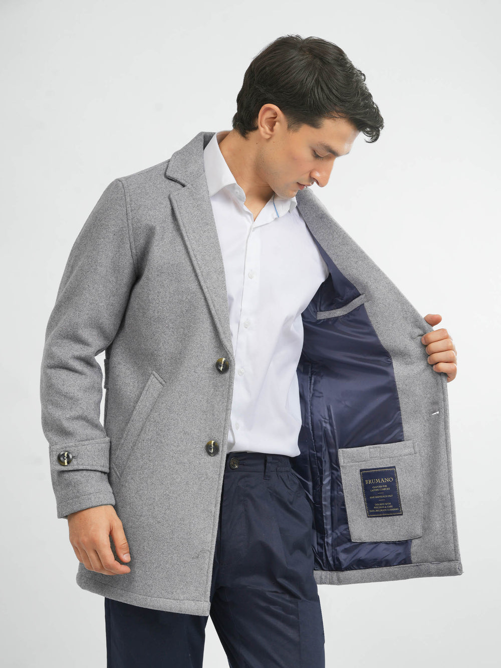 Men's heather grey winter overcoat with inner detailing