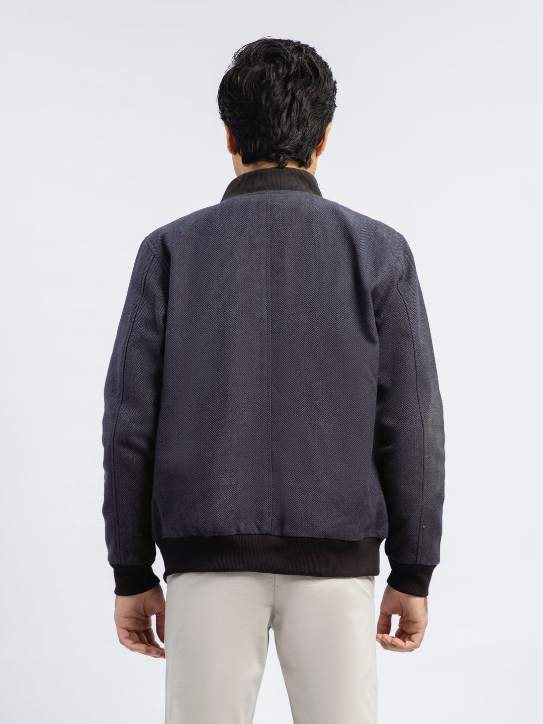 Indigo Blue Herringbone Structured Bomber Jacket Brumano Pakistan