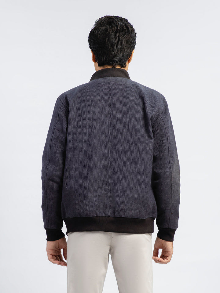 Indigo Blue Herringbone Structured Bomber Jacket Brumano Pakistan