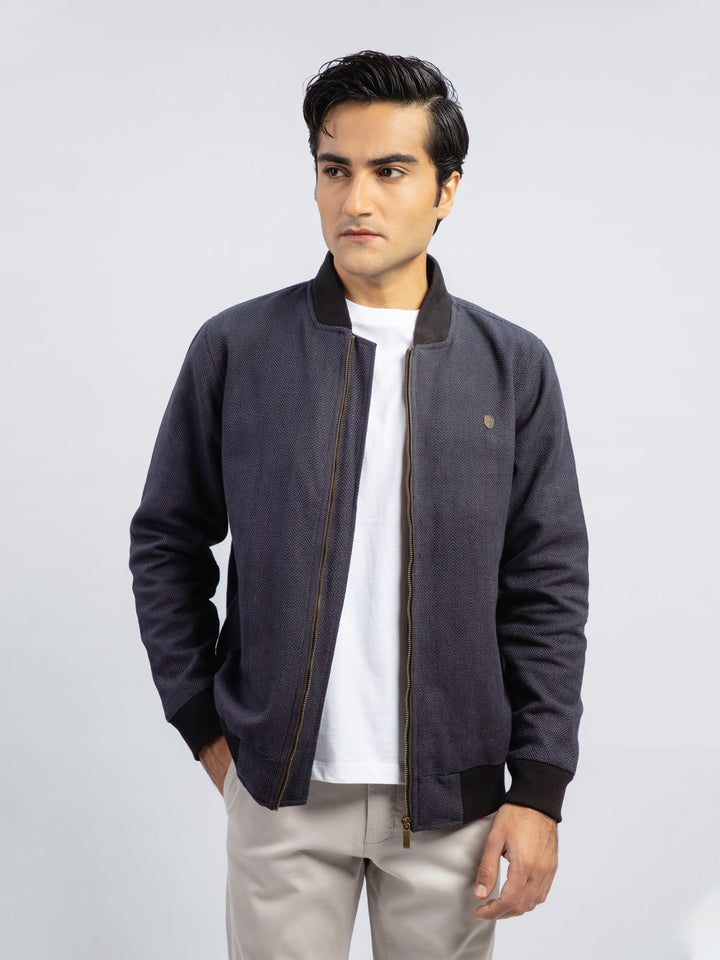 Indigo Blue Herringbone Structured Bomber Jacket Brumano Pakistan