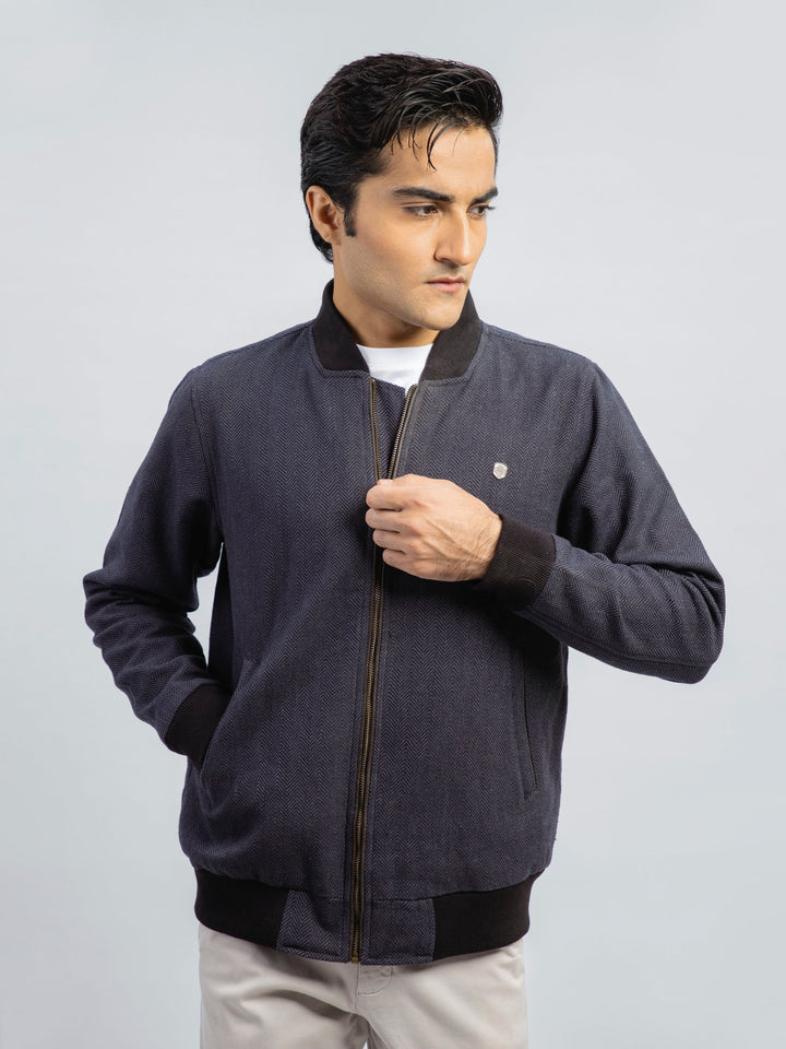 Indigo Blue Herringbone Structured Bomber Jacket Brumano Pakistan