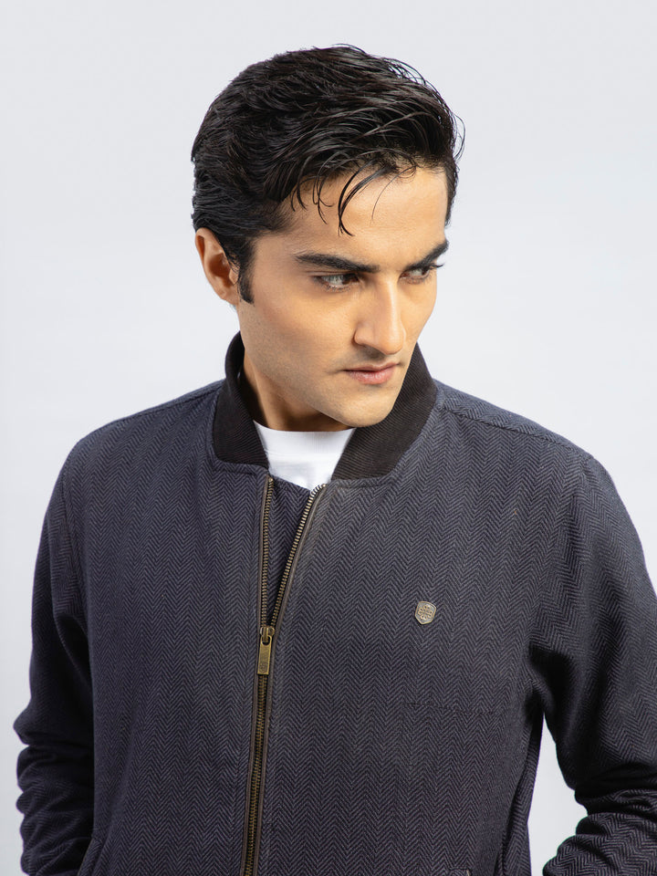 Indigo Blue Herringbone Structured Bomber Jacket Brumano Pakistan