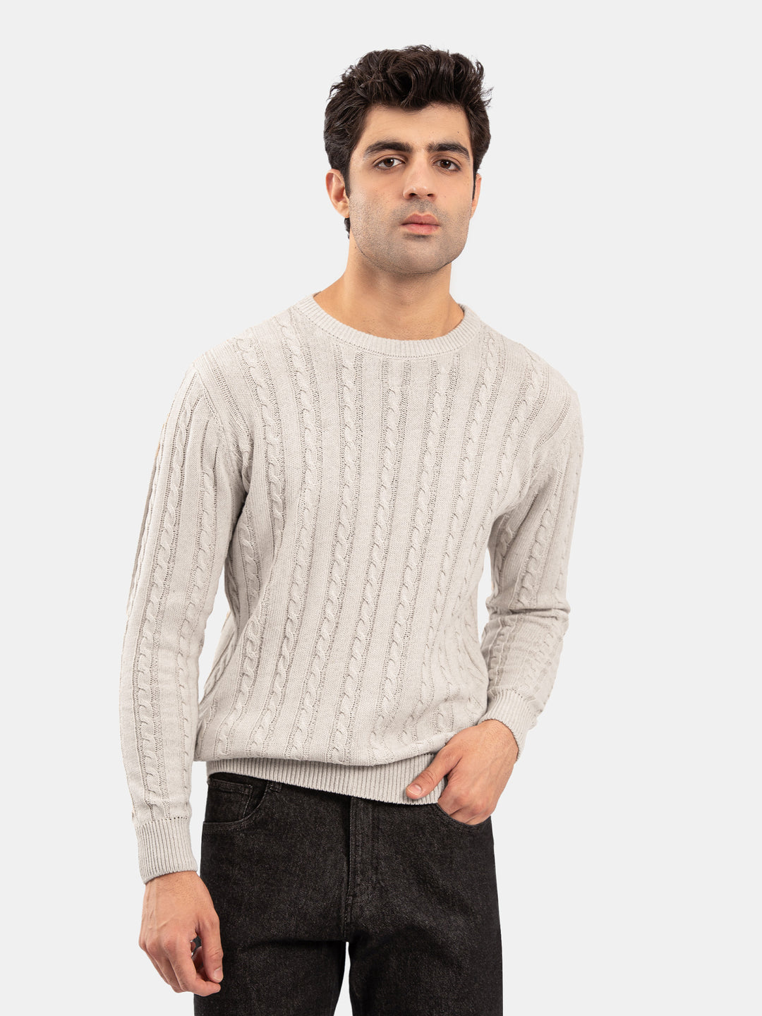 Ivory Cable Knit Wool Blended Crew Neck Jumper