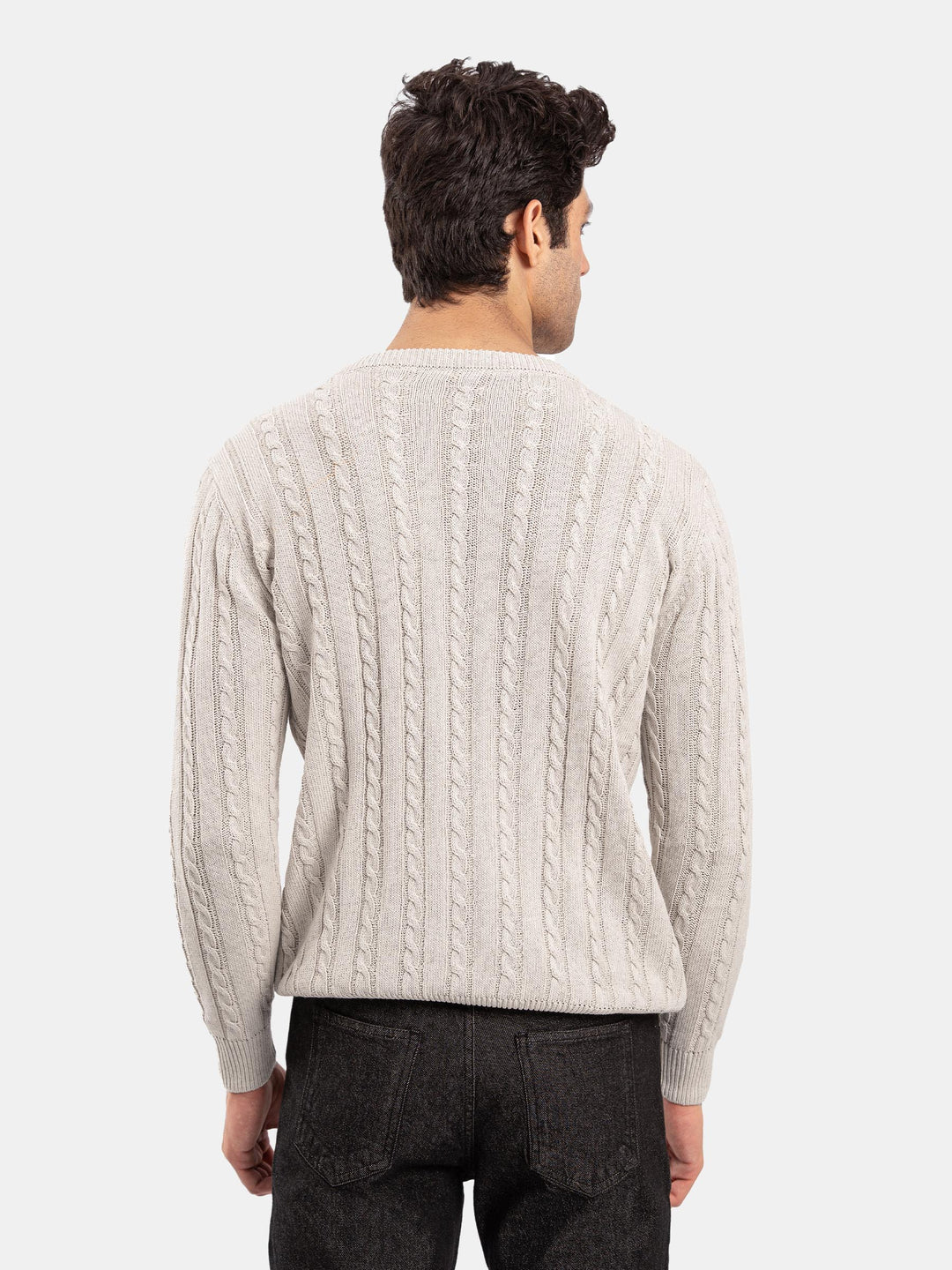 Ivory Cable Knit Wool Blended Crew Neck Jumper