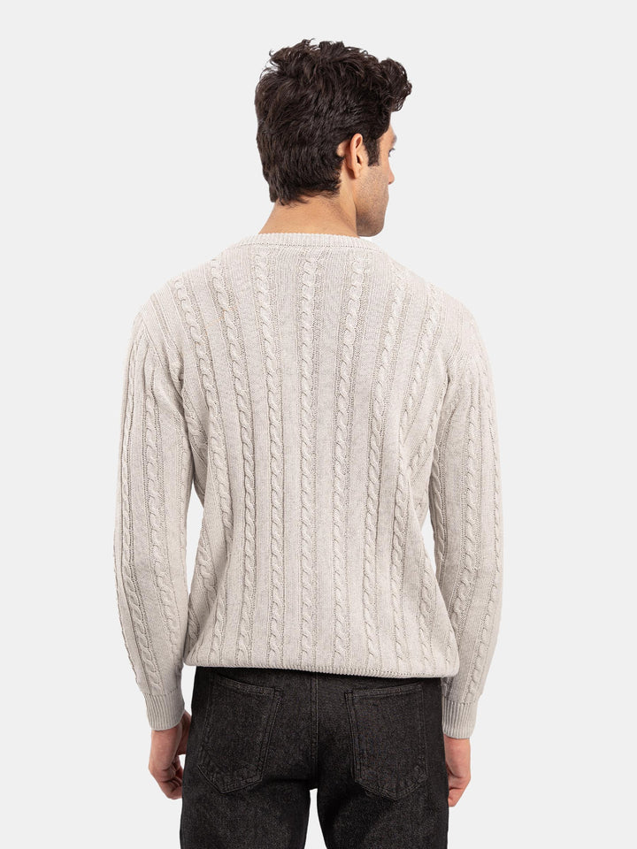 Ivory Cable Knit Wool Blended Crew Neck Jumper