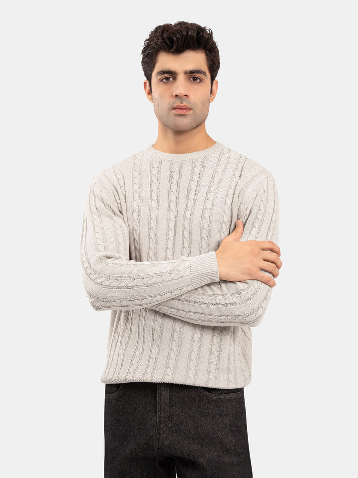 Ivory Cable Knit Wool Blended Crew Neck Jumper