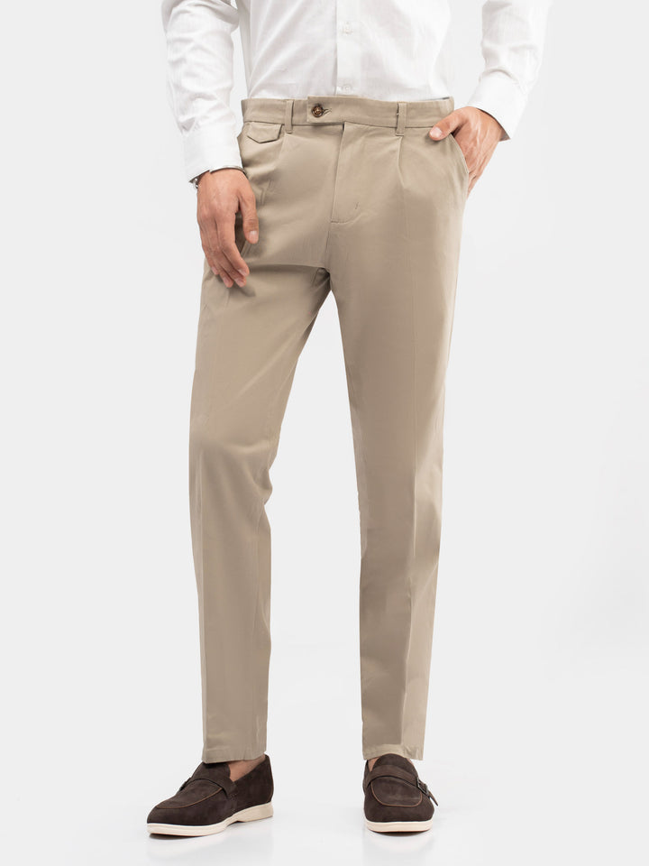 Men's khaki chinos with front pleats front view