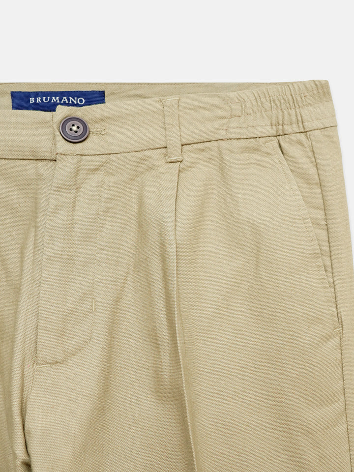 Khaki Linen Comfort Waist Chinos With Pleats