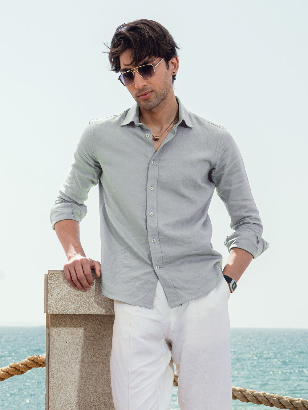 Light Sage Green Linen Blended Shirt