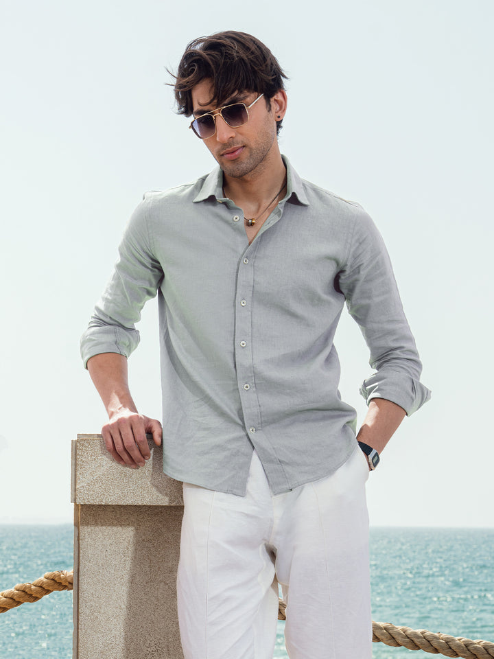 Light Sage Green Linen Blended Shirt