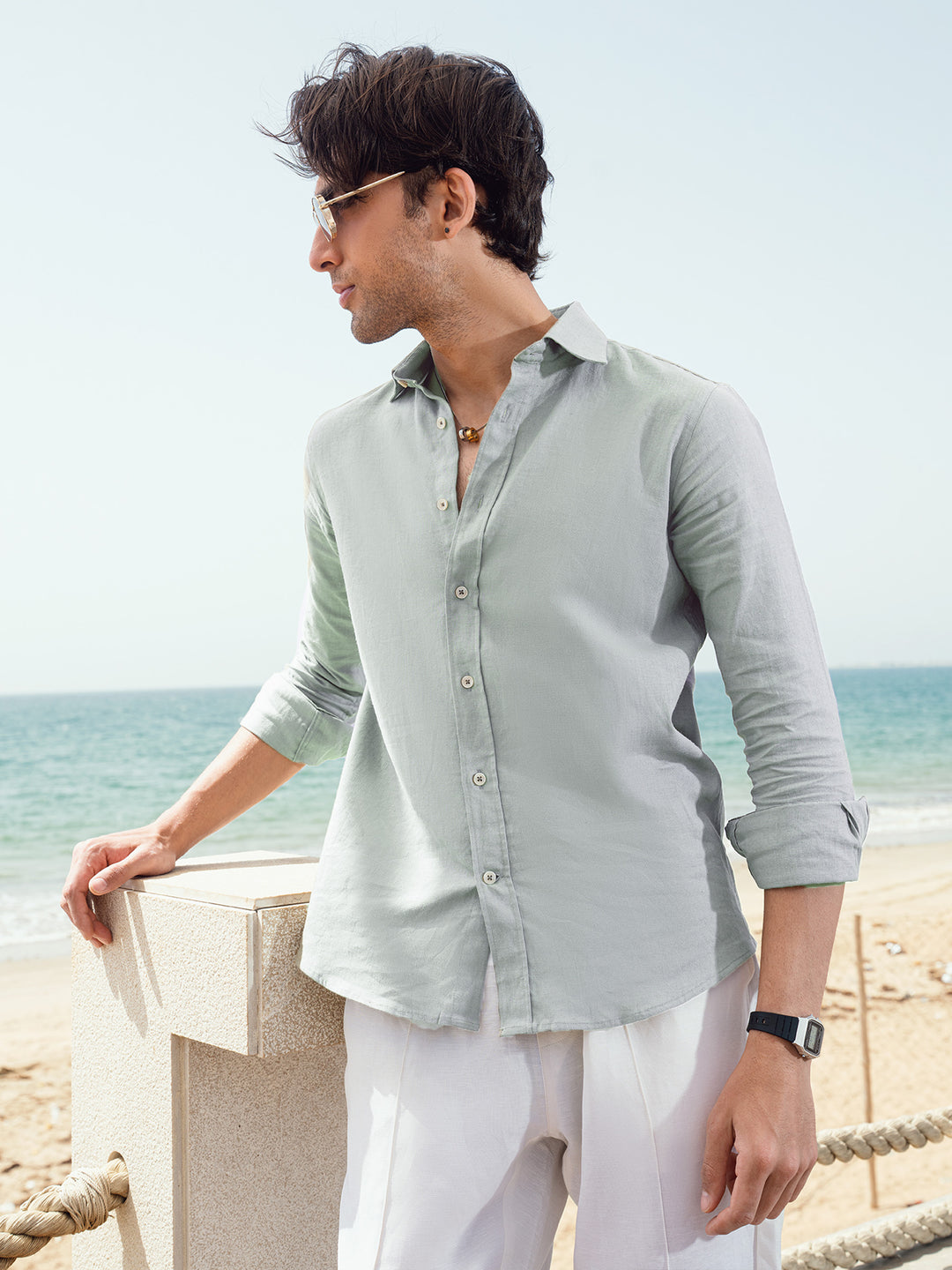 Light Sage Green Linen Blended Shirt