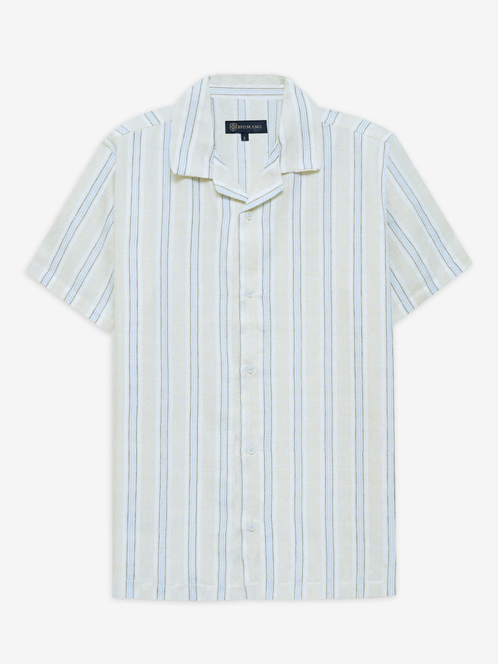 Light Beige Striped Structured Cuban Collar Shirt