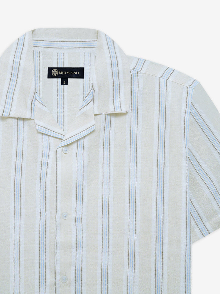 Light Beige Striped Structured Cuban Collar Shirt