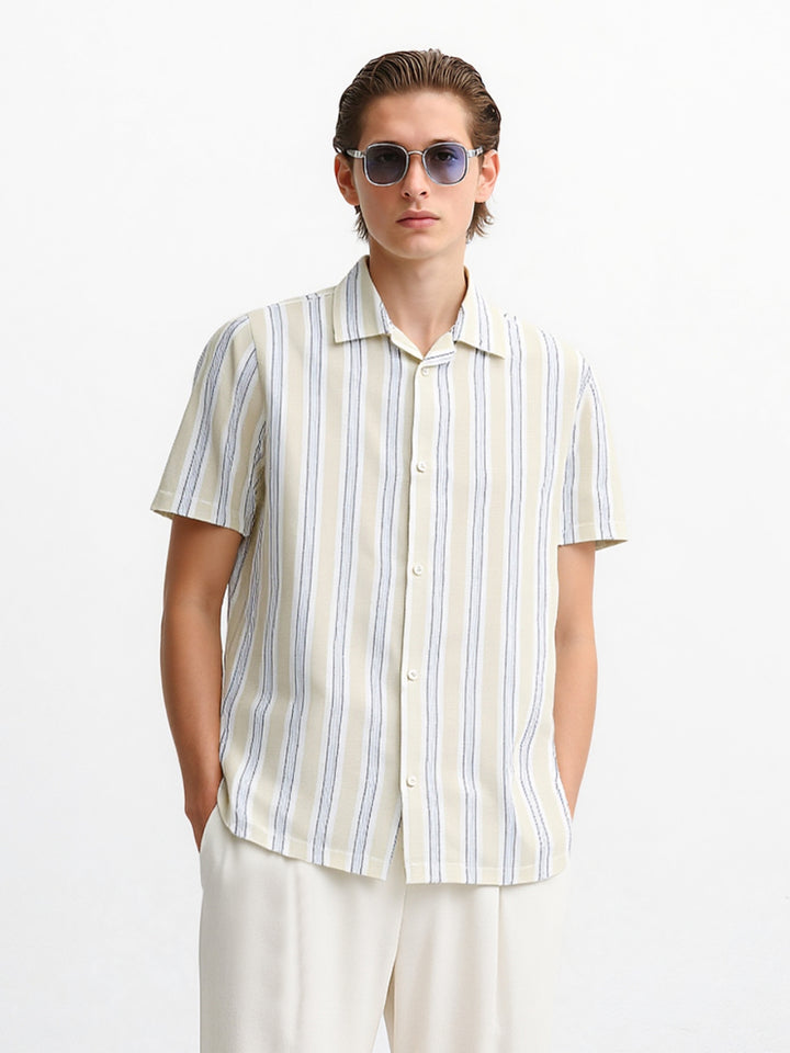 Light Beige Striped Structured Cuban Collar Shirt