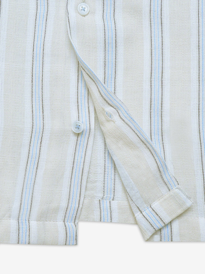 Light Beige Striped Structured Cuban Collar Shirt